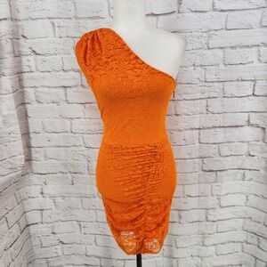 Y2K Bebe Orange Lace Bodycon Dress Kylie Showgirl Neon Vixen Club Party Small